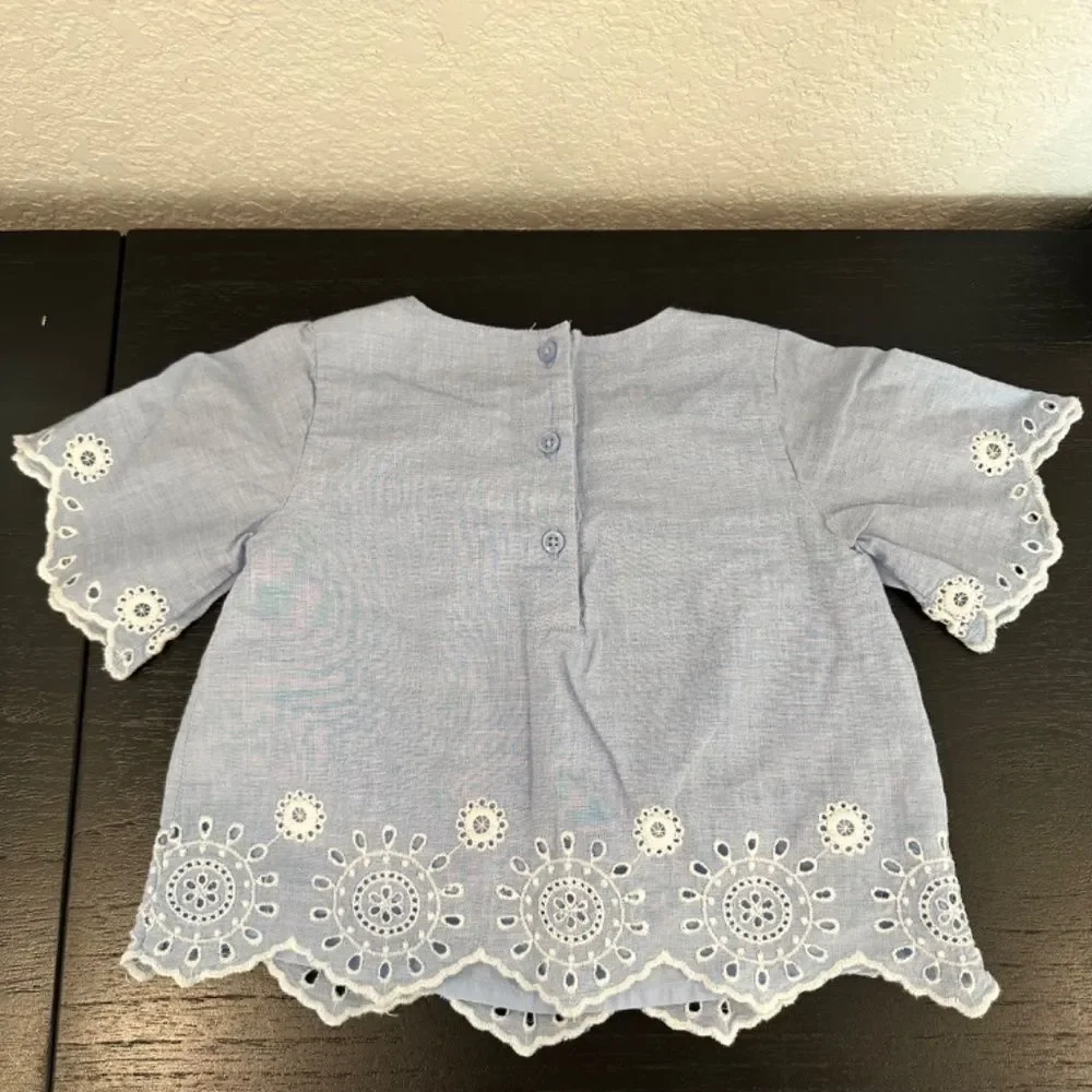 Girl’s Baby Gap Light Blue Embroidered Scalloped Details Top — Size 18-24 months